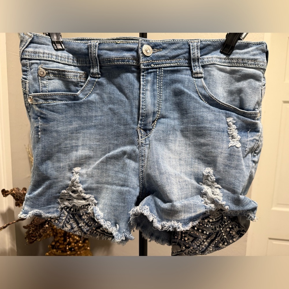 Denim Shorts with Rhinestone Accents Distressed Light Wash Women's Size 11